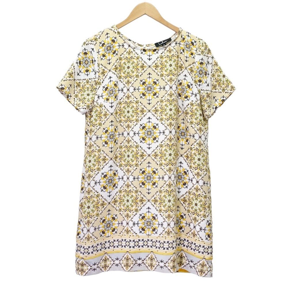 Lulus Dandy Lion Yellow White Tile Print Mini Shift Dress Women’s Size Medium - Picture 2 of 13